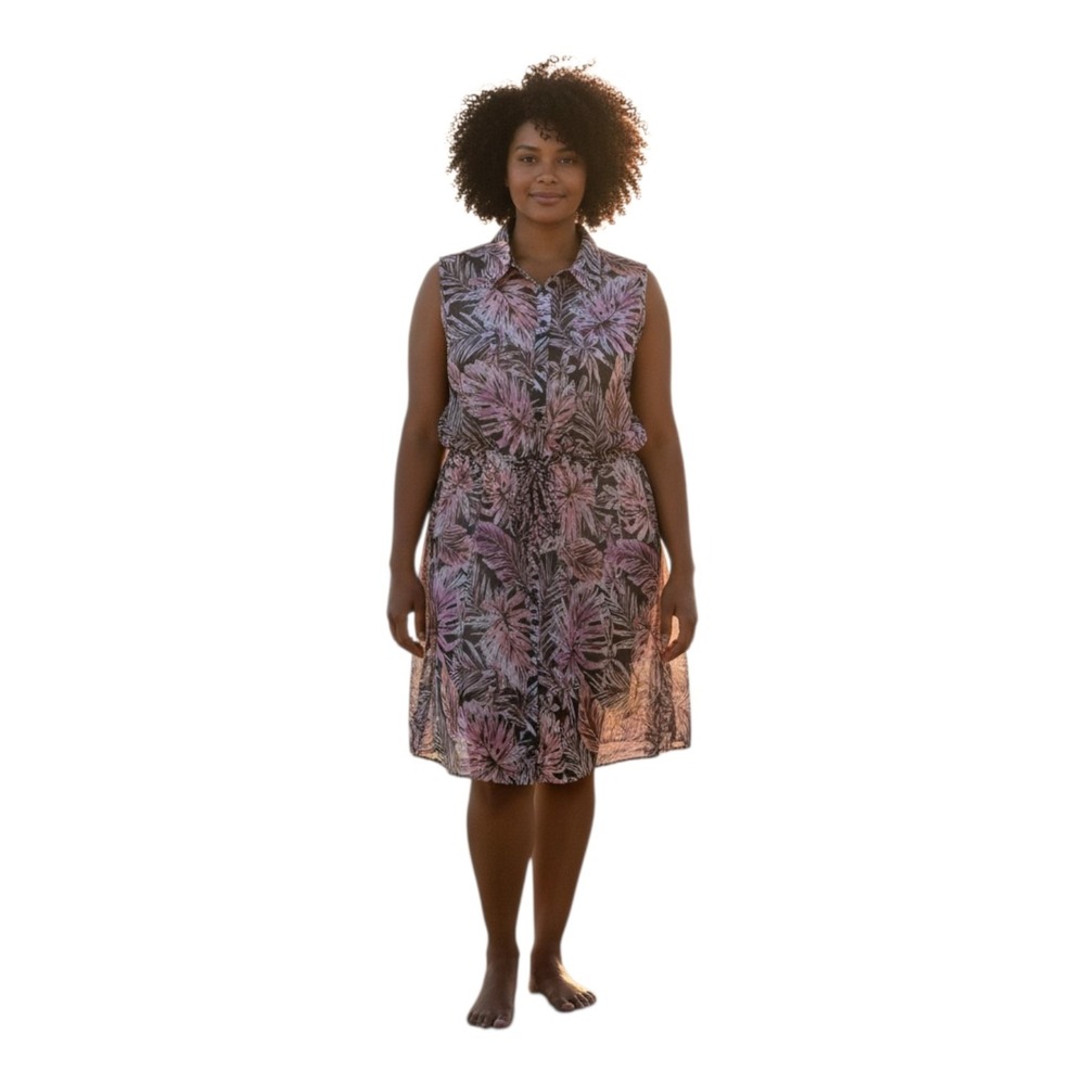 G by Giuliana Women's Plus‎ 3X Sheer Palm Print Collared Button Swim Cover Up